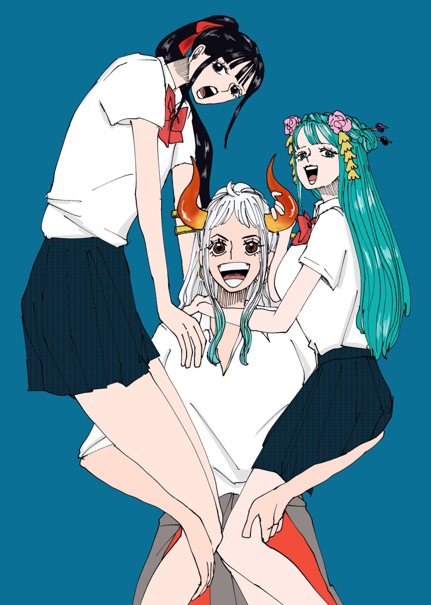 3girls, aqua_hair, blue_background, blue_skirt, blunt_bangs, bow, bowtie, carrying