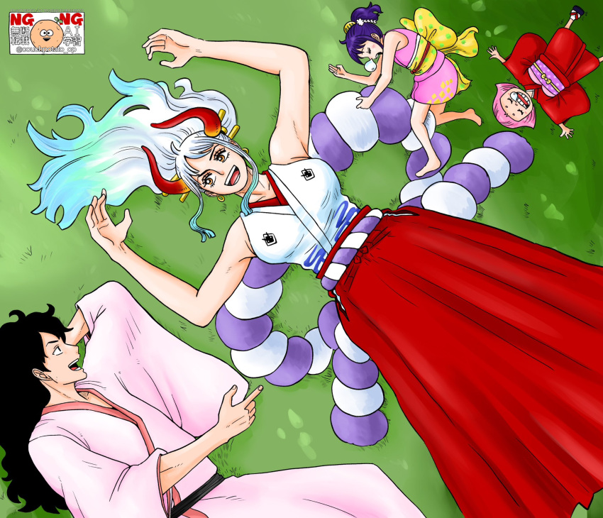 1boy, 3girls, aqua_hair, arms_up, black_hair, child, closed_eyes, commentary