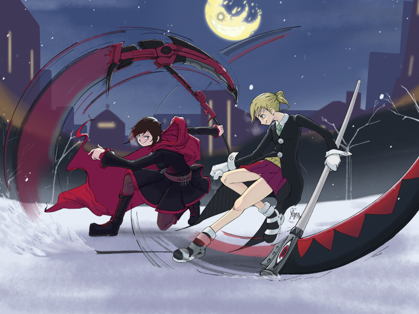 2girls, absurdres, bare_tree, black_boots, black_dress, black_hair, black_jacket, blonde_hair