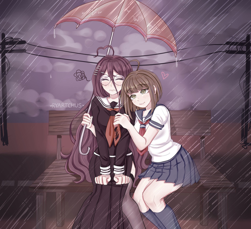 2girls, ahoge, black_serafuku, black_shirt, black_skirt, blue_sailor_collar, blue_skirt, blue_socks