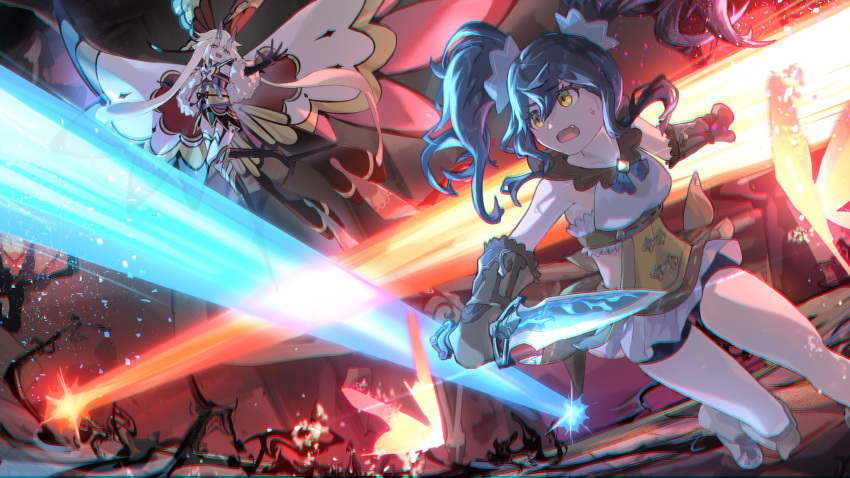 2girls, attack, ayaha_(dragalia_lost), bike_shorts_under_skirt, black_gloves, black_shorts, blue_hair, bug