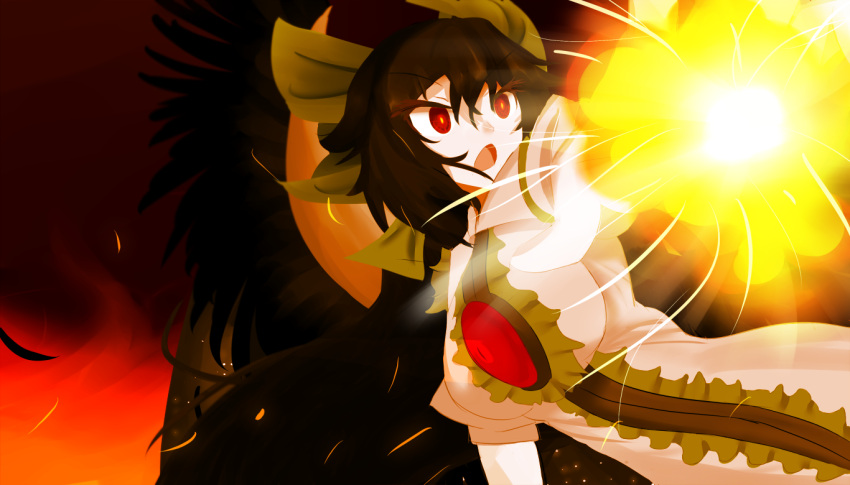 1girl, :o, black_hair, bow, breasts, commentary, fire, hair_bow