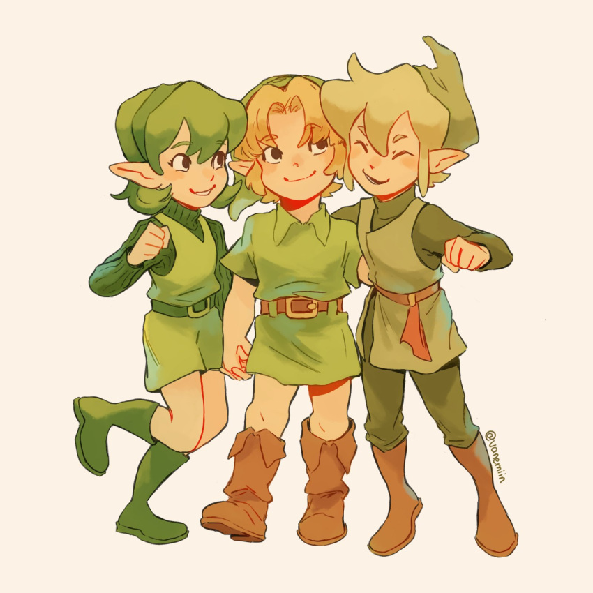 1girl, 2boys, artist_name, belt, blonde_hair, boots, brown_belt, brown_boots