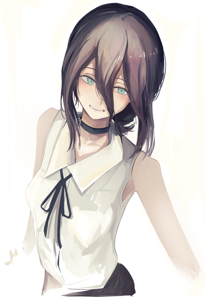 1girl, absurdres, black_choker, black_hair, black_ribbon, chainsaw_man, choker, collared_shirt
