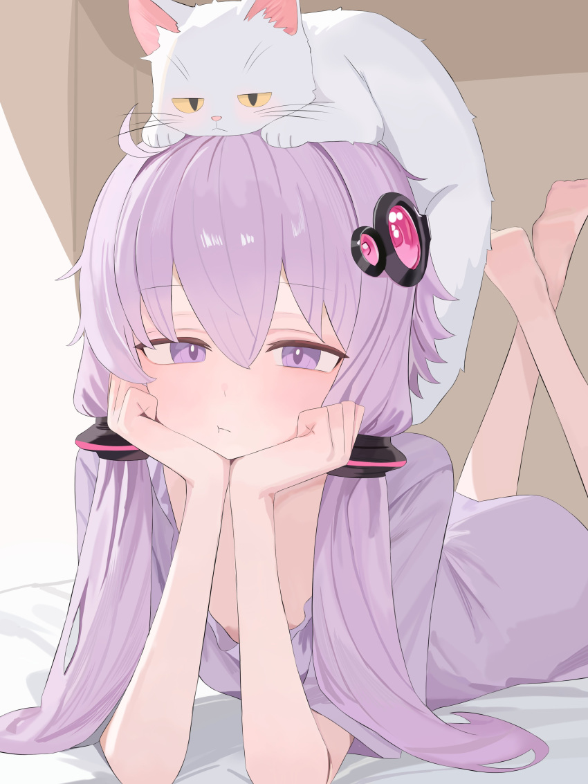1girl, :t, absurdres, animal, animal_on_head, bare_legs, barefoot, bed