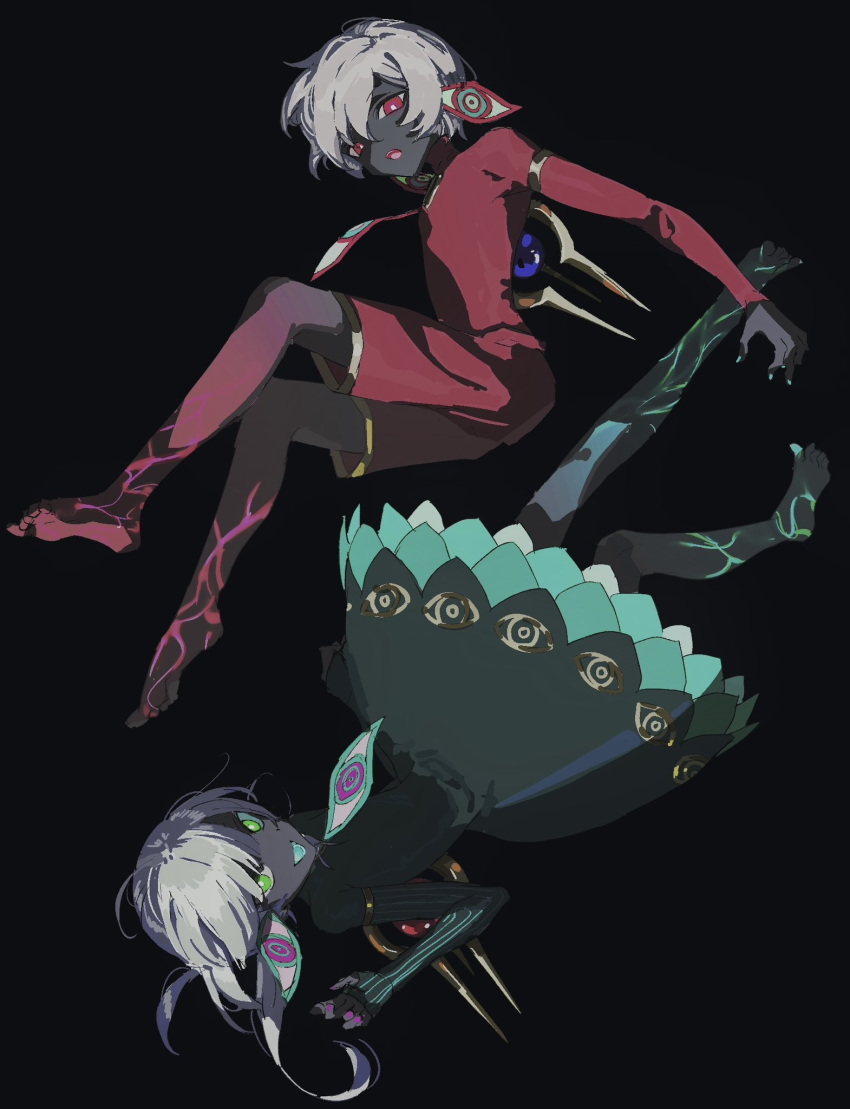1boy, 1girl, black_background, body_markings, boy_vajra_(fate), colored_skin, dress, fate/grand_order