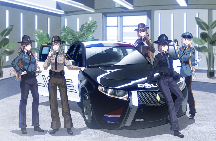 5girls, absurdres, black_necktie, black_shoes, blonde_hair, blue_eyes, blue_hat, blue_jacket, blue_necktie, blue_pants, blue_shirt, brown_hair, brown_hat, brown_necktie, brown_pants, brown_shirt, campaign_hat, car, chinese_commentary, closed_mouth, collared_shirt, commentary_request, conscript96, green_eyes, green_hair, hat, highres, holster, illinois_(steelblue_mirage), illinois_state_police, indoors, iowa_(warship_girls_r), iowa_state_patrol, jacket, missouri_(warship_girls_r), missouri_state_police, motor_vehicle, multiple_girls, necktie, new_jersey_(warship_girls_r), new_jersey_state_police, open_mouth, pants, peaked_cap, police, police_badge, police_car, police_hat, police_uniform, policewoman, red_eyes, shirt, shoes, smile, warship_girls_r, white_shirt, wisconsin_(warship_girls_r), wisconsin_state_patrol