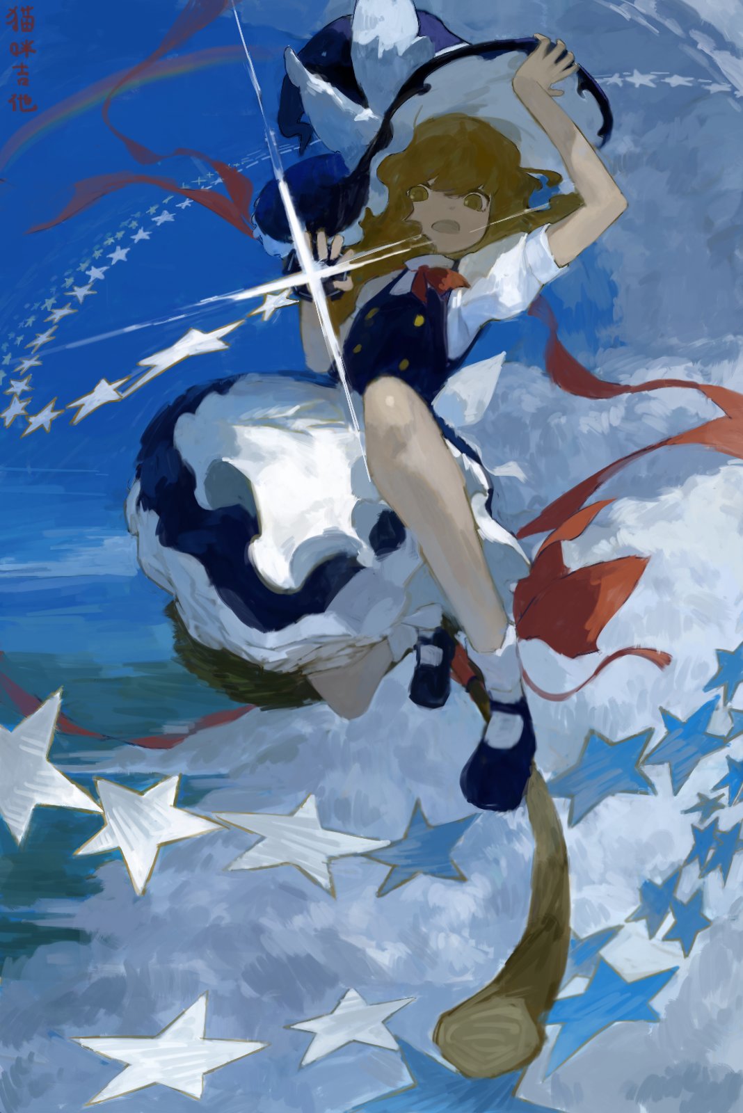 1girl, apron, black_dress, blonde_hair, bow, broom, broom_riding, clouds