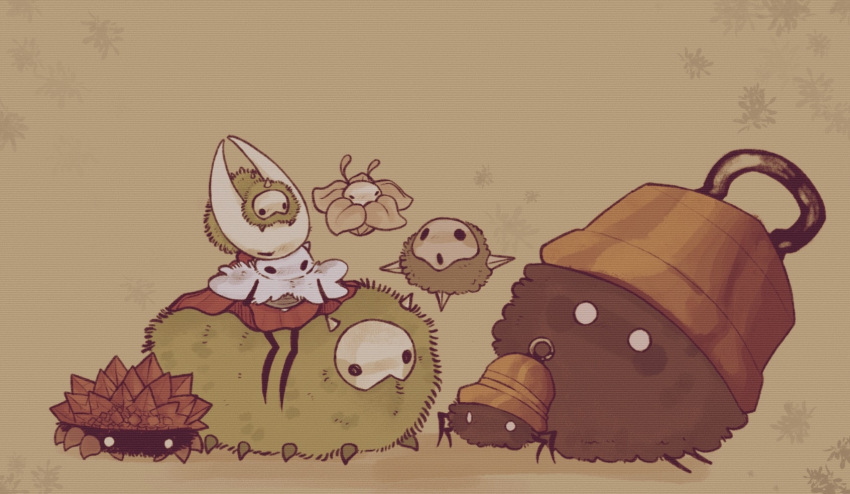 1girl, arthropod_girl, bell, cloak, commentary, coral_furm_(hollow_knight), creature, creature_on_head