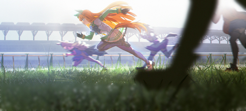 5girls, animal_ears, backlighting, black_gloves, blunt_bangs, blurry, blurry_foreground, character_request, commentary, dmfsxq, ear_covers, from_side, full_body, gloves, grass, green_eyes, hairband, highres, horse_ears, horse_girl, horse_racing_track, horse_tail, long_hair, long_sleeves, motion_blur, multiple_girls, orange_hair, pantyhose, pleated_skirt, profile, running, silence_suzuka_(innocent_silence)_(umamusume), silence_suzuka_(umamusume), skirt, sleeve_cuffs, tail, umamusume, white_skirt
