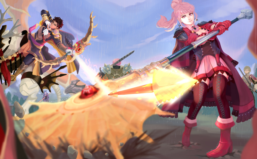 1girl, 4boys, absurdres, brown_hair, claude_von_riegan, claude_von_riegan_(timeskip), failnaught_(fire_emblem), fire_emblem