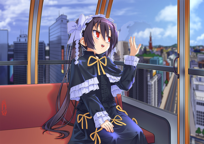1girl, black_capelet, black_dress, black_hair, blurry, blurry_background, bow_hairband, capelet