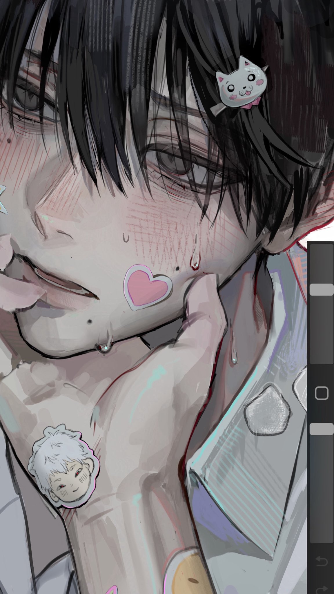 2boys, art_program_in_frame, black_hair, blush, character_sticker, collared_shirt, commentary, hand_on_another's_chin, heart, heart_sticker, highres, hikaru_ga_shinda_natsu, indou_hikaru, lips, male_focus, mole, mole_on_cheek, mole_under_eye, mole_under_mouth, multiple_boys, multiple_moles, open_mouth, shirt, short_hair, sticker, sweat, symbol-only_commentary, t0myu3, tsujinaka_yoshiki, white_shirt