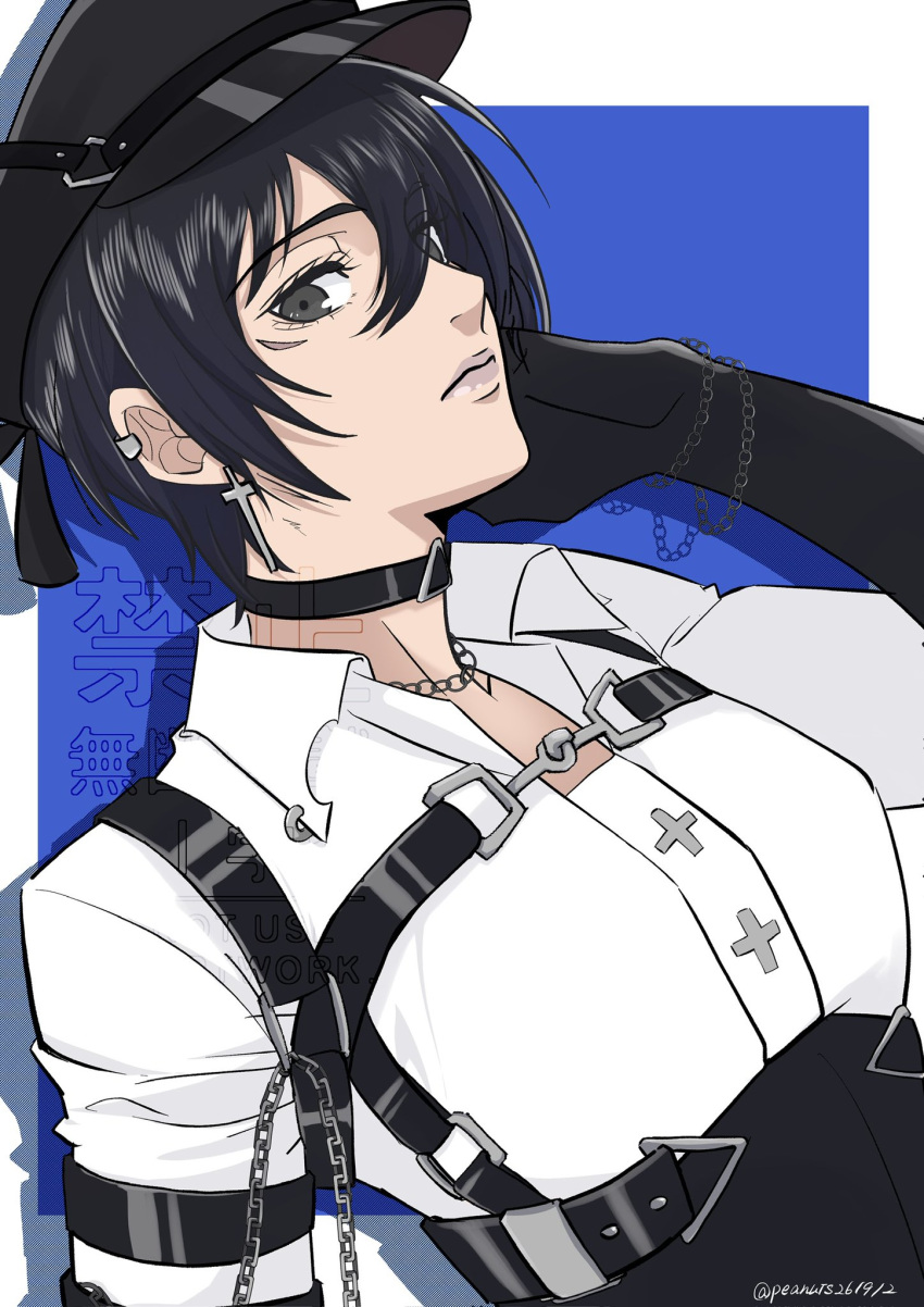 1girl, black_choker, black_hair, black_hat, black_pants, black_swan_(e.g.o), blue_background, border