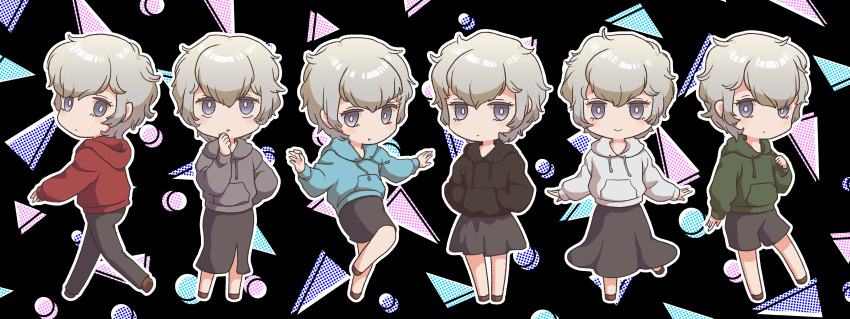 1girl, 794810, absurdres, black_hoodie, black_pants, black_shorts, black_skirt, blue_eyes, blue_hoodie, bright_pupils, brown_shoes, closed_mouth, commentary_request, curly_hair, deformed, expressionless, green_hoodie, grey_hair, grey_hoodie, hand_on_own_chin, hand_up, hands_in_pocket, hands_up, highres, hood, hood_down, hoodie, long_skirt, long_sleeves, looking_at_viewer, looking_to_the_side, multiple_views, outline, pants, parted_lips, pencil_skirt, puffy_long_sleeves, puffy_sleeves, shoes, short_shorts, shorts, skirt, smile, triangle_background, white_hoodie, white_outline, white_pupils, withers, yakitsuki_(withers)