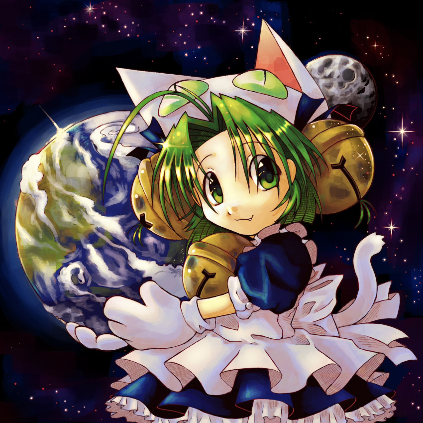 1girl, animal_hands, animal_hat, apron, bell, blue_dress, cat_hat, cat_tail
