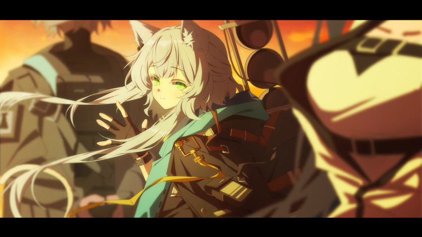 3girls, absurdres, animal_ear_fluff, animal_ears, arknights, black_gloves, blaze_(arknights), cat_ears