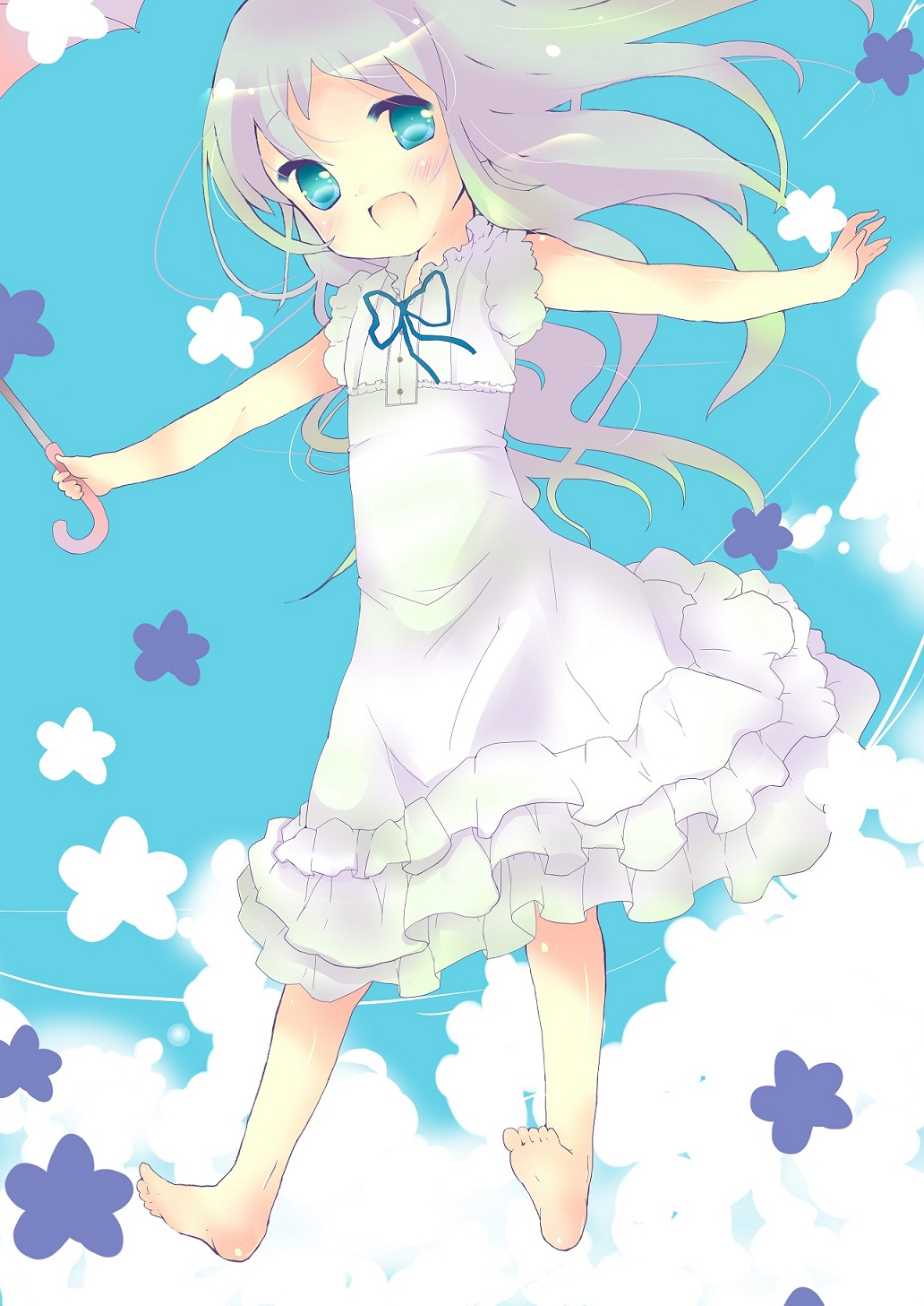 ano_hi_mita_hana_no_namae_wo_bokutachi_wa_mada_shiranai, bare_legs, barefoot, blue_eyes, blue_sky, dress, feet, flower