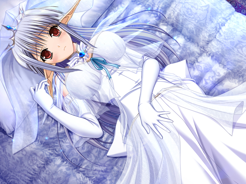 bekkankou, blue_hair, blush, bridal_veil, bride, crown, derivative_work, dress