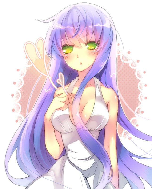 bad_id, bare_shoulders, blush, breasts, c_(rori0), cleavage, dress, green_eyes, heart, kido_saori, long_hair, purple_hair, saint_seiya, solo