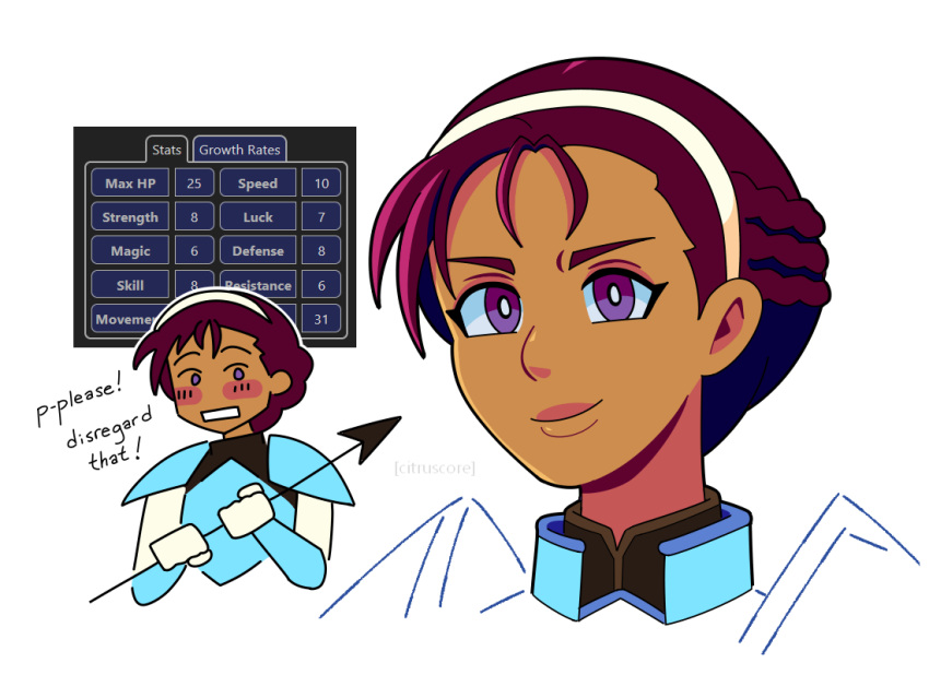 1girl, armor, blue_armor, citruscore, dark-skinned_female, dark_skin, fiona_(fire_emblem), fire_emblem, fire_emblem:_radiant_dawn, holding, holding_polearm, holding_weapon, polearm, purple_hair, violet_eyes, weapon