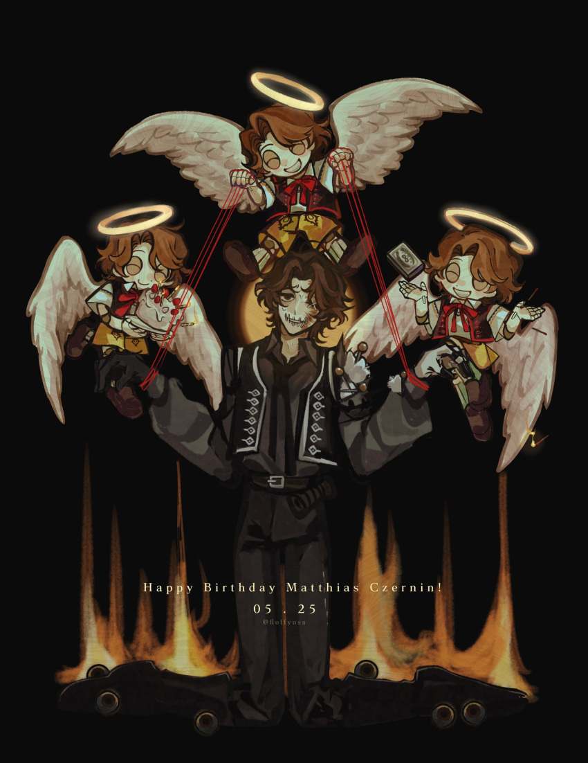 1boy, angel_wings, belt, black_belt, black_gloves, black_pants, black_ribbon, bound