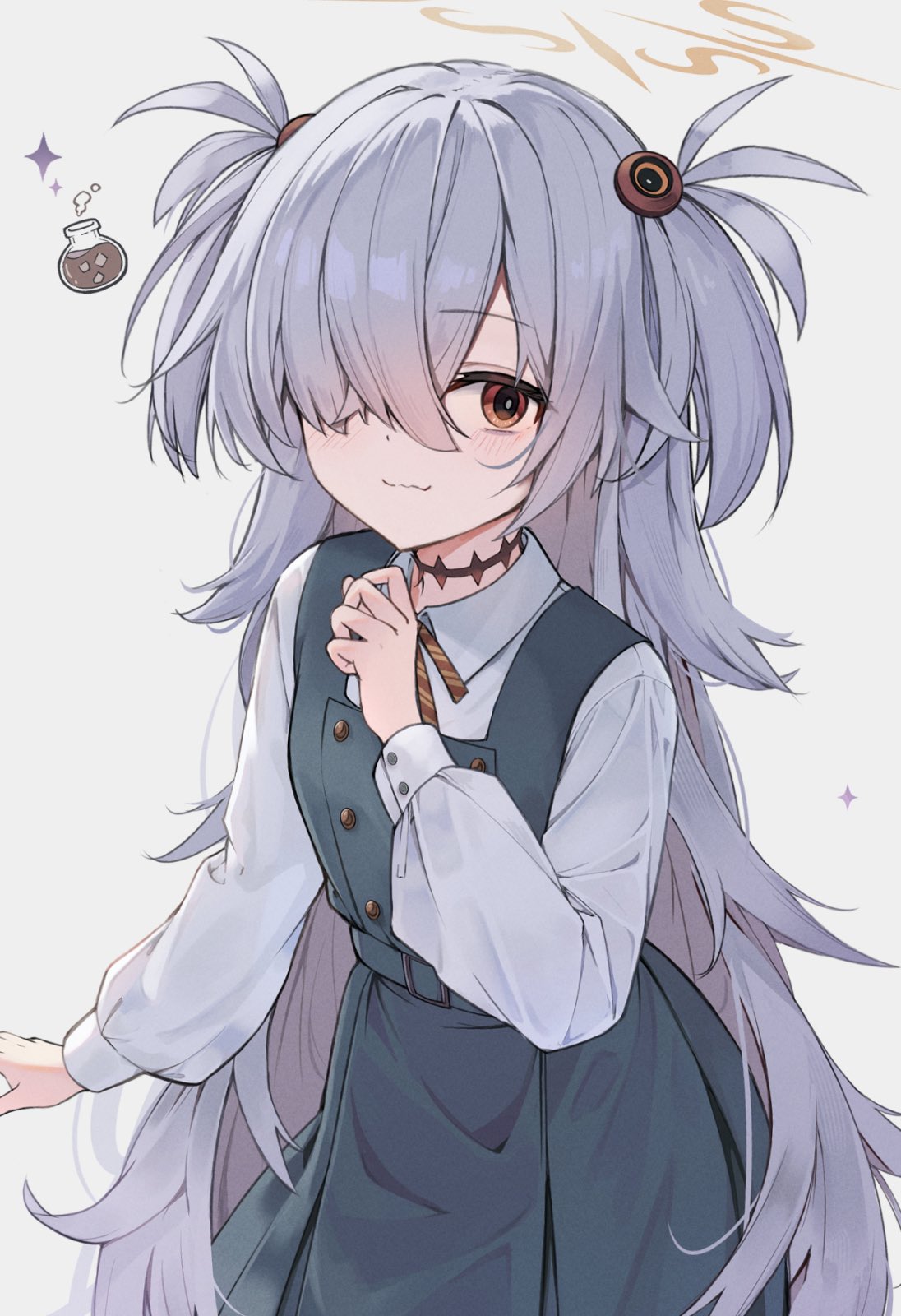 1girl, :3, blue_archive, brown_halo, brown_ribbon, diagonal-striped_ribbon, dress, flask