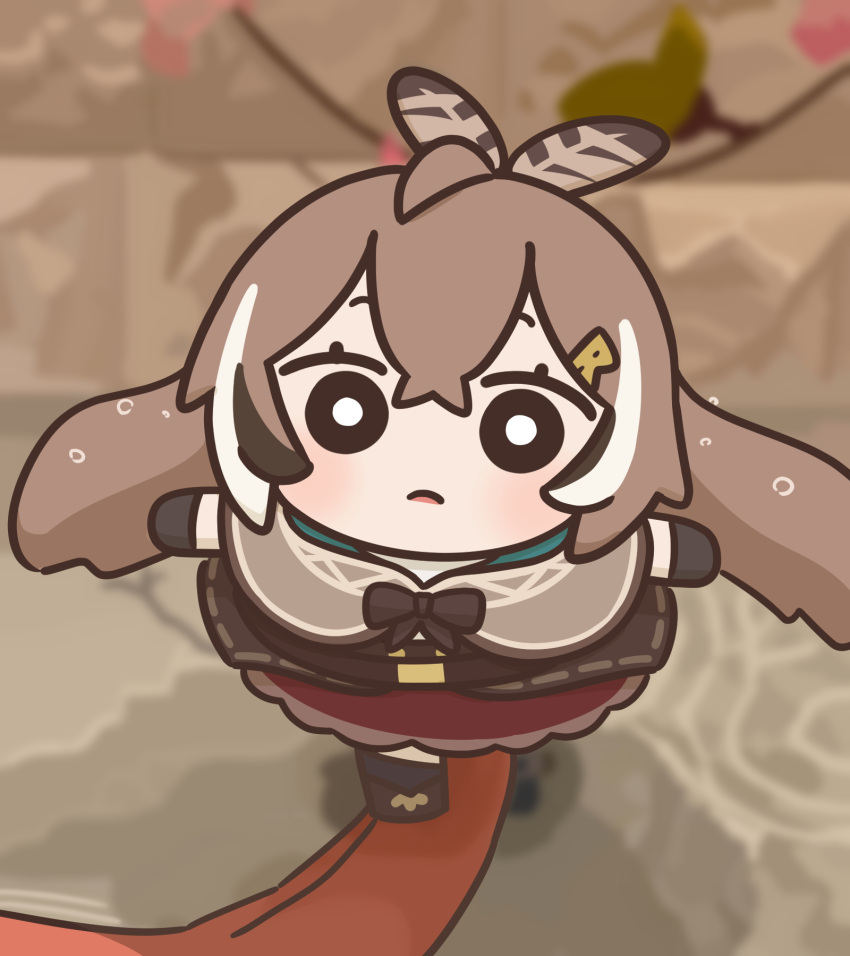 1girl, bloodymoonia, brown_coat, brown_eyes, brown_hair, coat, feather_hair_ornament, feathers, hair_ornament, highres, hololive, hololive_english, long_hair, multicolored_hair, nanashi_mumei, streaked_hair, virtual_youtuber