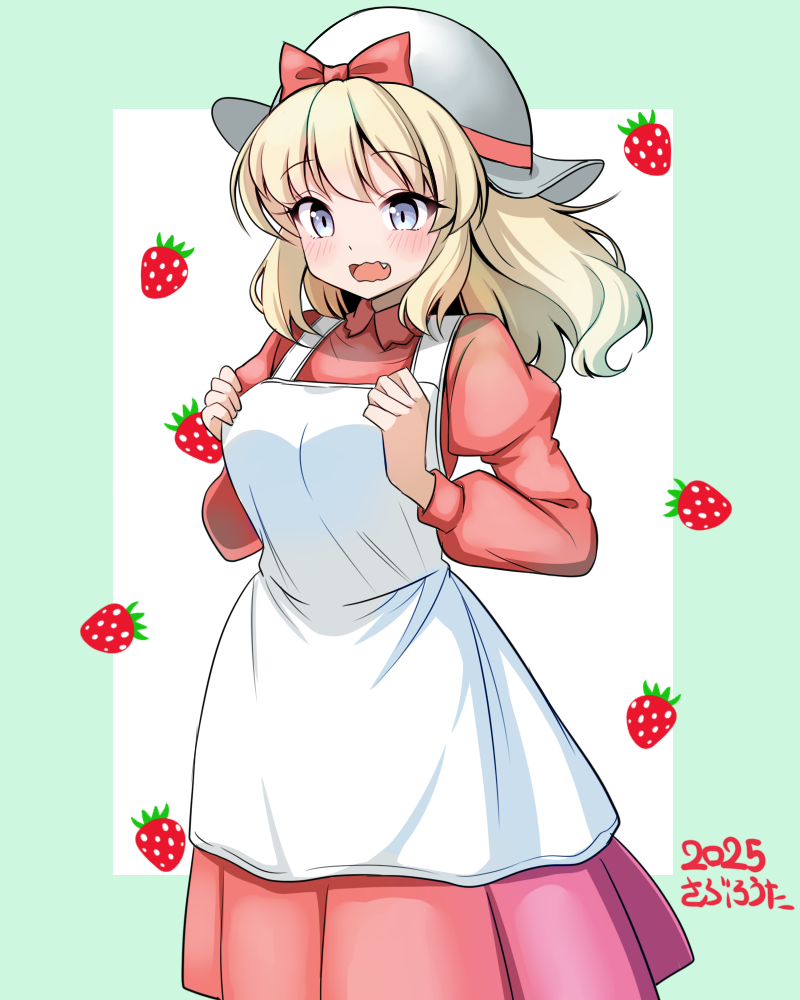 2025, blonde_hair, blue_eyes, blush, border, bow, breasts, chou_makaimura