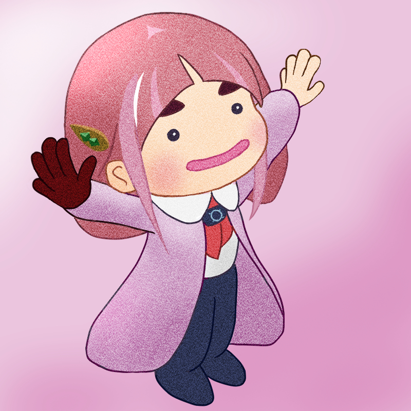 1girl, black_pants, blunt_bangs, blush, collared_shirt, commentary_request, cosplay, ditto, female_protagonist_(pokemon_pokopia), full_body, gloves, hair_ornament, hairclip, jacket, lacey_(pokemon), lacey_(pokemon)_(cosplay), long_sleeves, medium_hair, mismatched_eyebrows, neckerchief, open_clothes, open_jacket, open_mouth, outstretched_arms, pants, pink_background, pink_hair, pokemon, pokemon_(creature), pokemon_focus, pokemon_pokopia, pokemon_sv, purple_jacket, red_gloves, red_neckerchief, shirt, simple_background, single_glove, smile, solo, spread_arms, standing, thick_eyebrows, transformed_ditto, white_shirt, yohanaemil