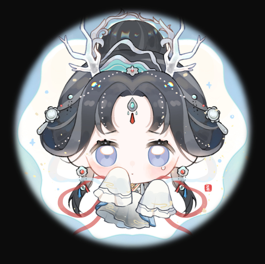1girl, :o, baonu_de_zhanshen_caibutou, beads, black_border, black_hair, blue_eyes, border