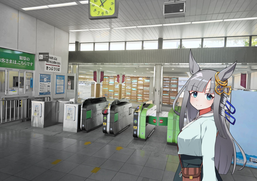 1girl, animal_ears, bag, blue_eyes, blunt_bangs, blush, breasts, casual, chrono_genesis_(umamusume), clock, closed_mouth, commentary_request, genesis_method, grey_hair, hair_between_eyes, hair_ornament, highres, long_hair, looking_at_viewer, nakayama_racecourse, photo_background, satchel, small_breasts, smile, solo, turnstile, umamusume
