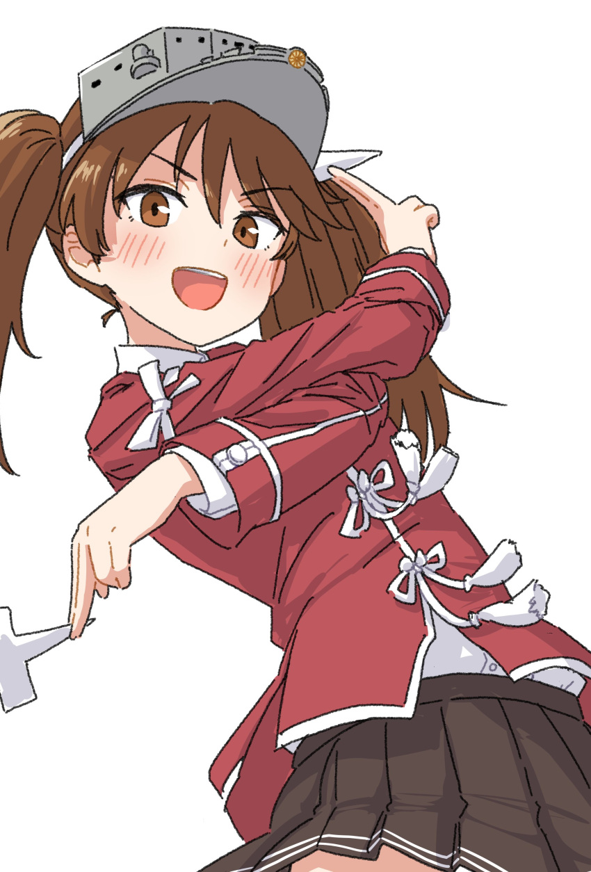 1girl, absurdres, blush, brown_eyes, brown_hair, brown_skirt, commentary_request, hair_between_eyes
