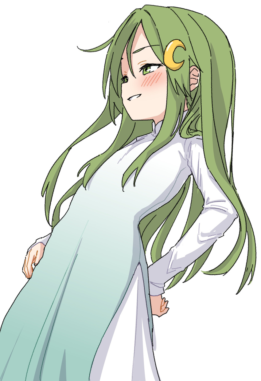 1girl, absurdres, alternate_costume, ao_dai, blush, commentary_request, crescent, crescent_hair_ornament