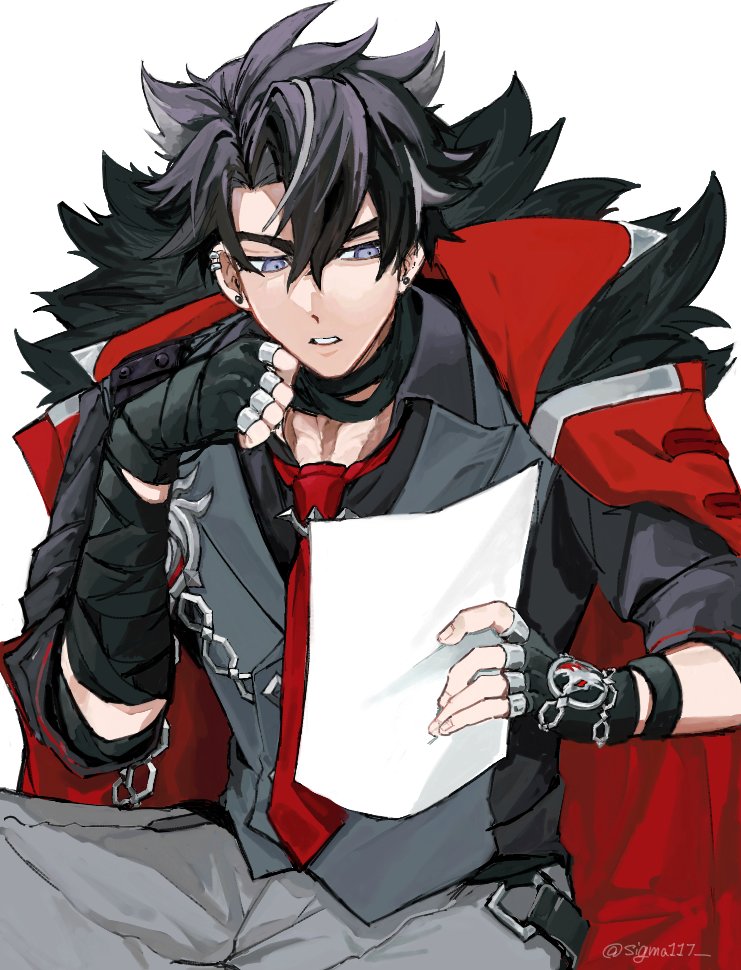 1boy, bandaged_arm, bandaged_neck, bandages, black_gloves, black_hair, black_shirt, coat