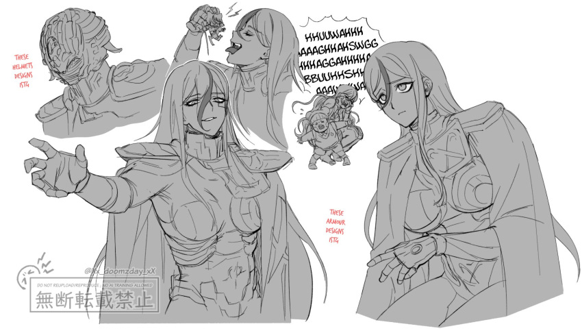 1boy, 2girls, armor, bodysuit, cape, crying, eva_(hundred_line), facial_mark