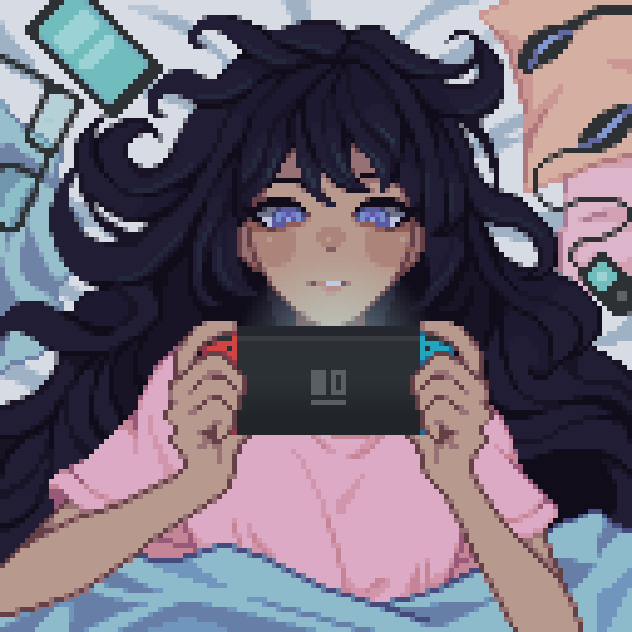 1girl, black_hair, blanket, cellphone, digital_media_player, earphones, handheld_game_console, highres