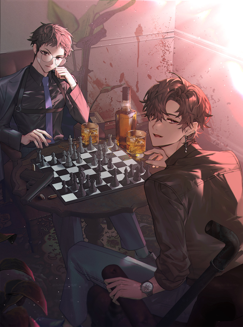 2boys, bamcream, blue_pants, board_game, bottle, brown_hair, brown_jacket, brown_shoes