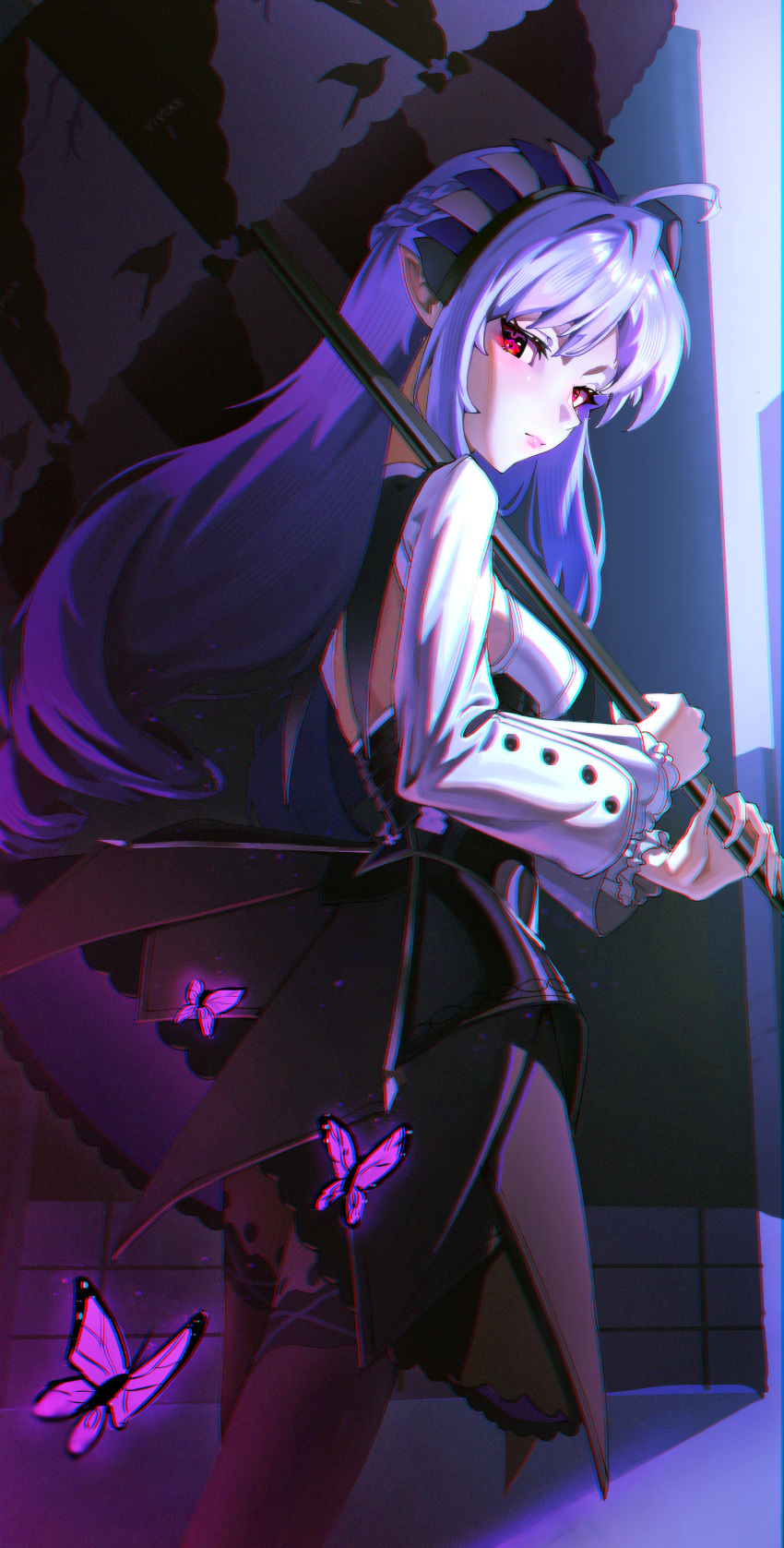 1girl, absurdres, aqby69, ascot, back, black_pantyhose, bow, bowtie, bug, butterfly, closed_mouth, from_side, hairband, highres, holding, holding_umbrella, looking_at_viewer, pantyhose, patterned_legwear, pointy_ears, purple_ascot, purple_background, purple_bow, purple_bowtie, purple_hair, purple_hairband, purple_umbrella, red_eyes, shrug_(clothing), sideboob_cutout, solo, umbrella, vivian_banshee, white_shrug, zenless_zone_zero