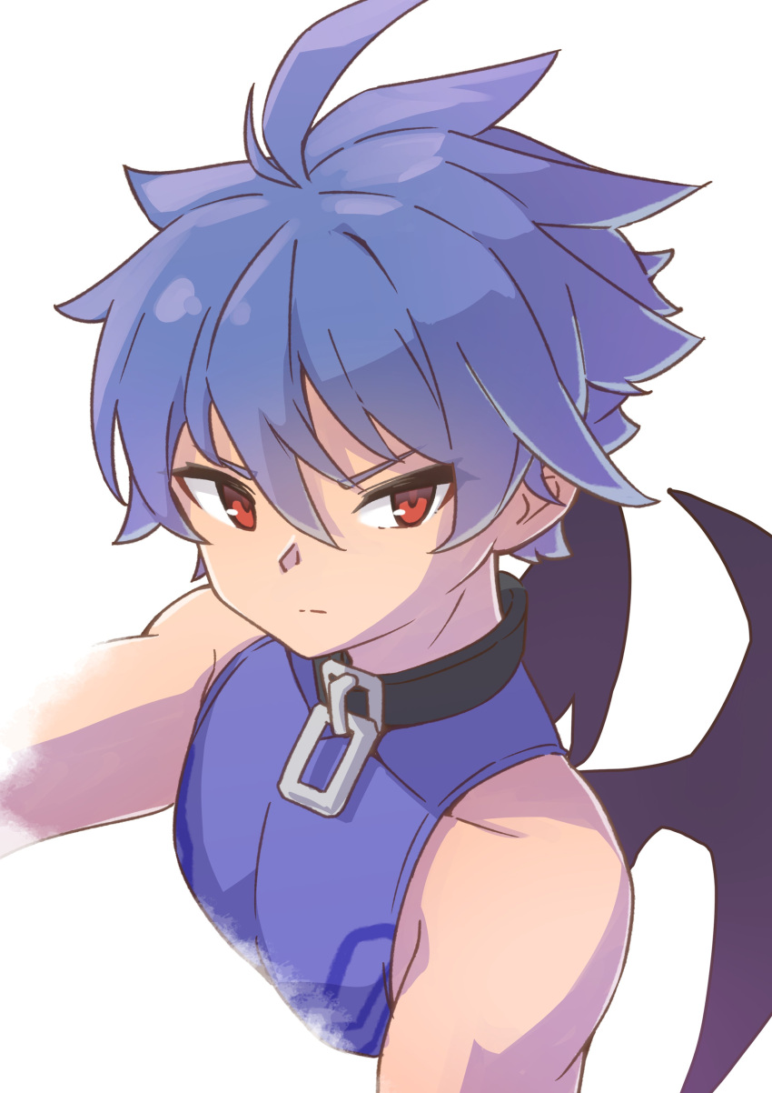 1boy, absurdres, bat_wings, belial_(eco), black_collar, black_wings, blue_hair, blue_tank_top, collar, emil_chronicle_online, highres, looking_at_viewer, red_eyes, silver-index, solo, tank_top, upper_body, white_background, wings