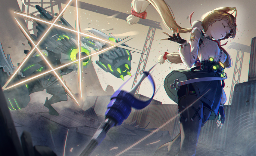 1girl, 1other, absurdres, alice_thymefield, animal_ears, aqby69, attack, belt
