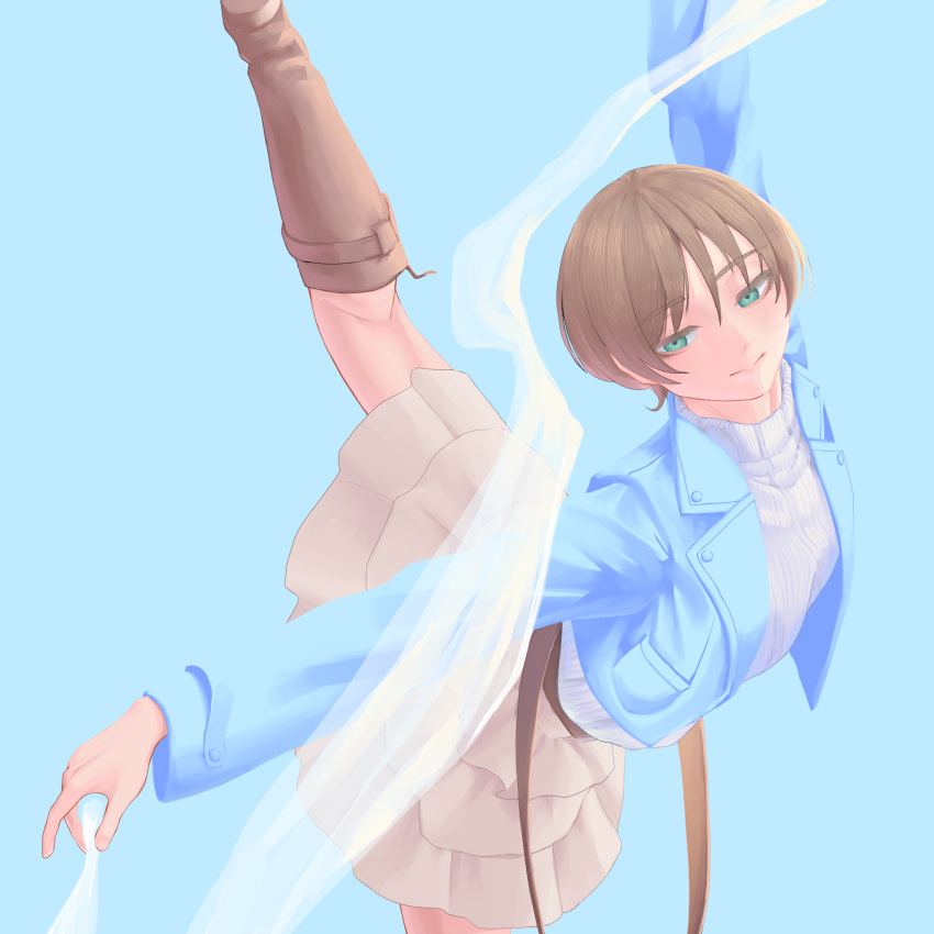 1girl, and_fersent, arabesque_(pose), arms_up, ballet, blue_background, blue_jacket, boots