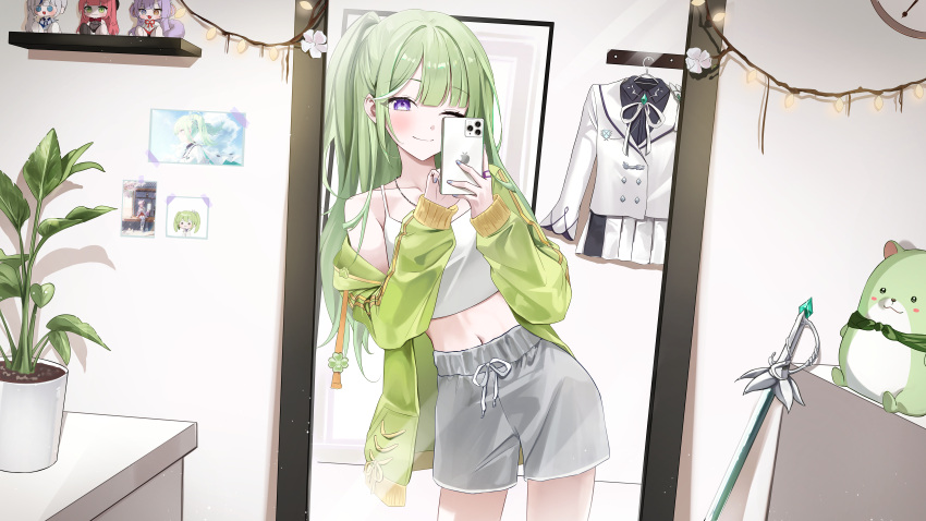 1girl, absurdres, aokumo_rin, blue_nails, camisole, cellphone, character_doll, chico_(yuzuha_riko)