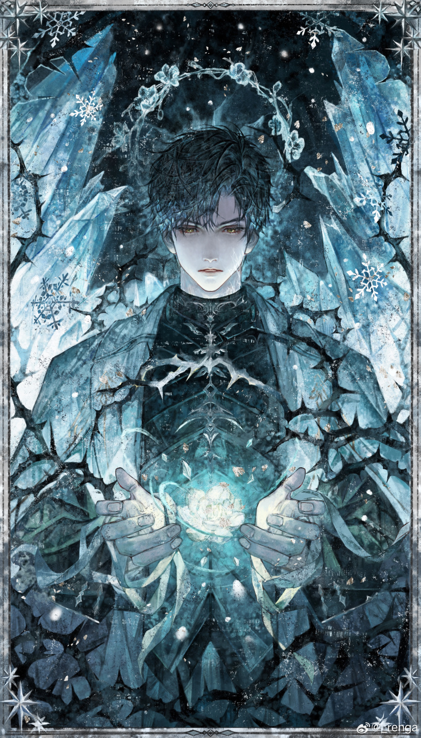 1boy, absurdres, bandages, black_hair, black_shirt, border, brooch, chinese_commentary, coat, cowboy_shot, cupping_hands, curtained_hair, facing_viewer, flower, flower_halo, frost, green_eyes, grey_border, hair_between_eyes, halo, halo_behind_head, highres, ice, jasmine_(flower), jewelry, lapels, lips, long_sleeves, looking_at_object, love_and_deepspace, male_focus, night, notched_lapels, object_floating_above_hand, open_clothes, open_coat, ornate_border, own_hands_together, parted_lips, renga_(artist), shards, shirt, short_hair, snowflakes, snowing, solo, straight-on, thorns, transparent_halo, turtleneck, turtleneck_shirt, watermark, weibo_watermark, white_coat, white_flower, wide_sleeves, zayne_(love_and_deepspace)