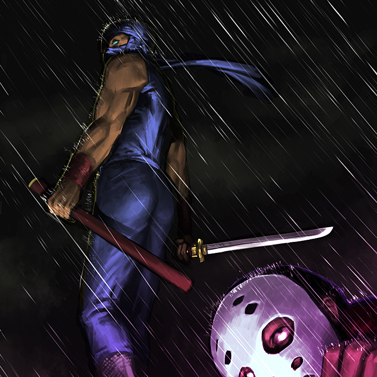 2boys, assault_visor, blue_scarf, dragon_sword, holding, holding_sword, holding_weapon, katana