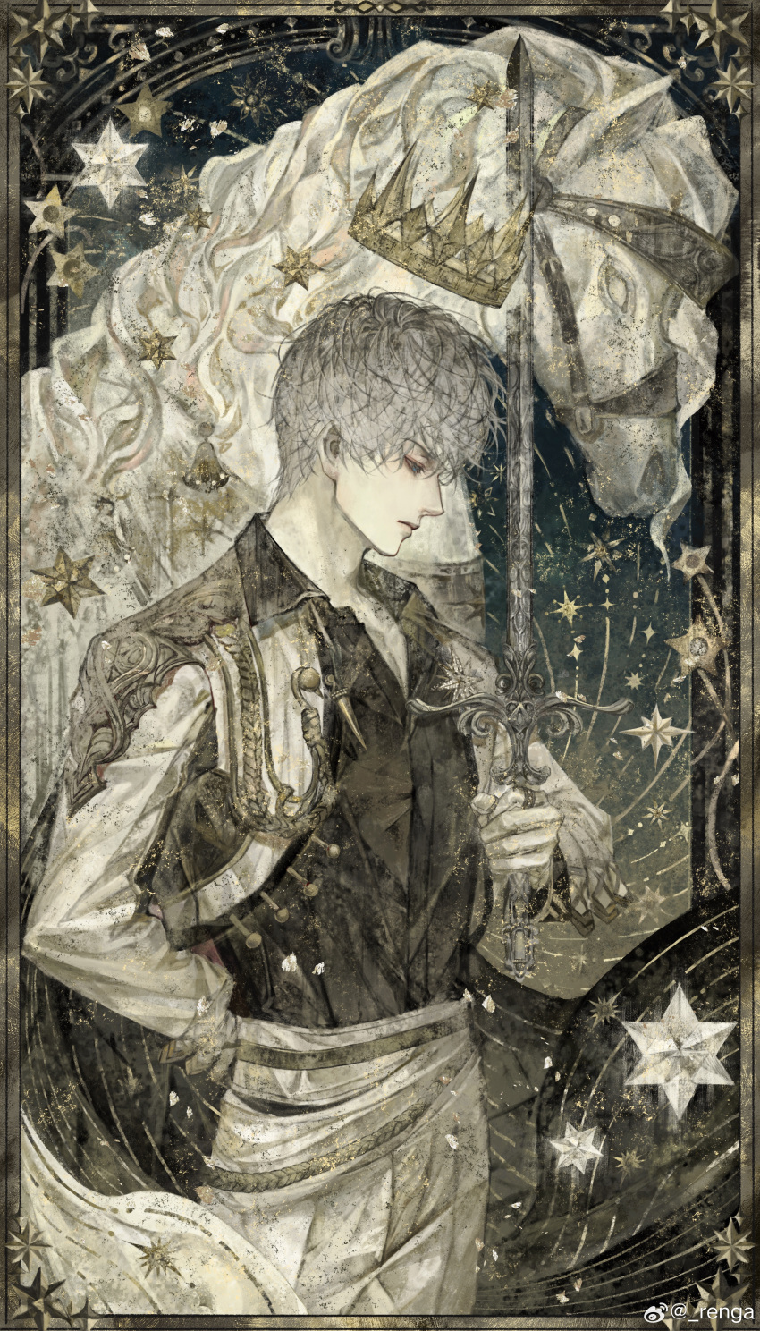 1boy, absurdres, aiguillette, arm_behind_back, black_cape, black_shirt, blue_eyes, border