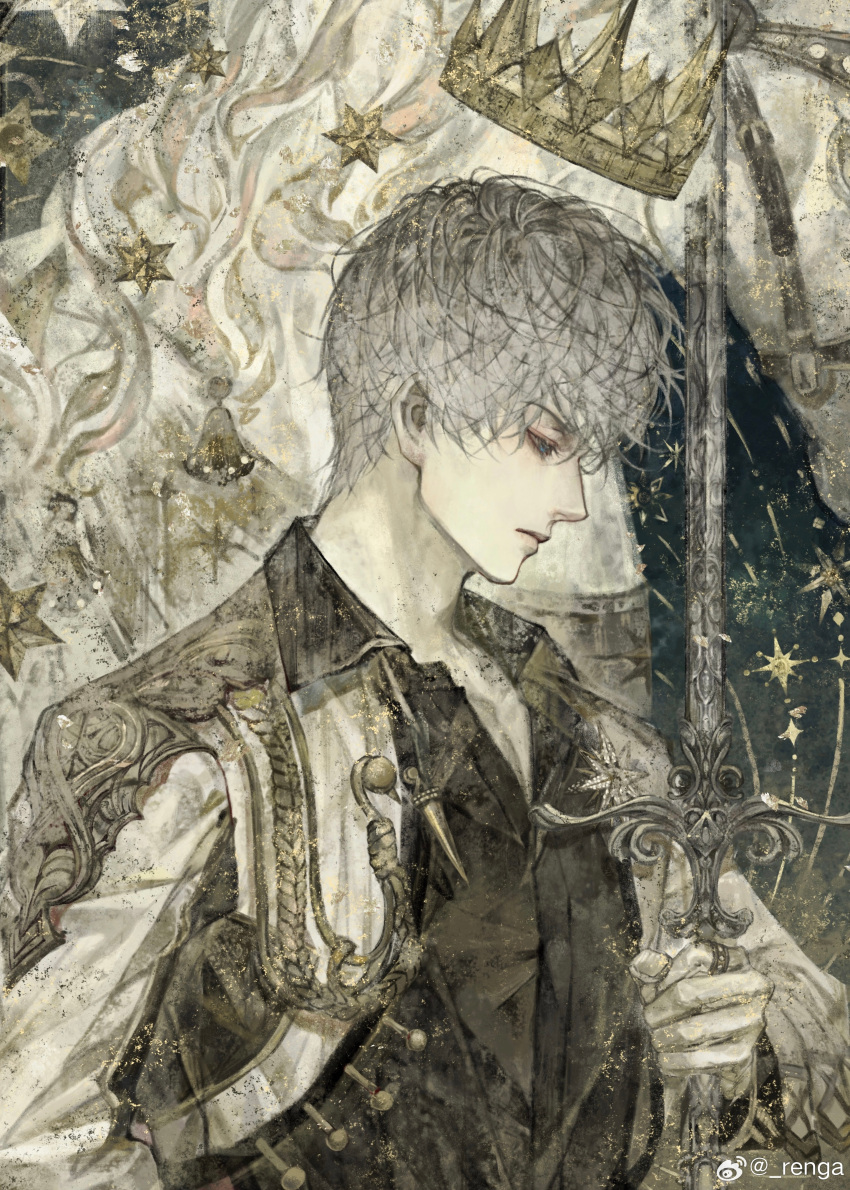 1boy, absurdres, aiguillette, arm_behind_back, black_shirt, blue_eyes, chinese_commentary, closed_mouth