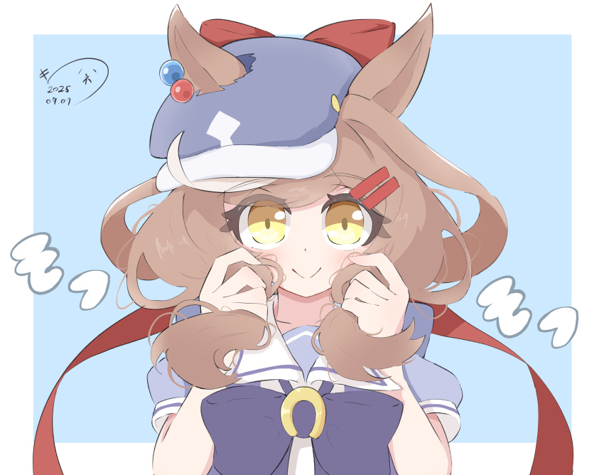 1girl, blue_background, blush, breasts, brown_eyes, commentary_request, dated, fluffy