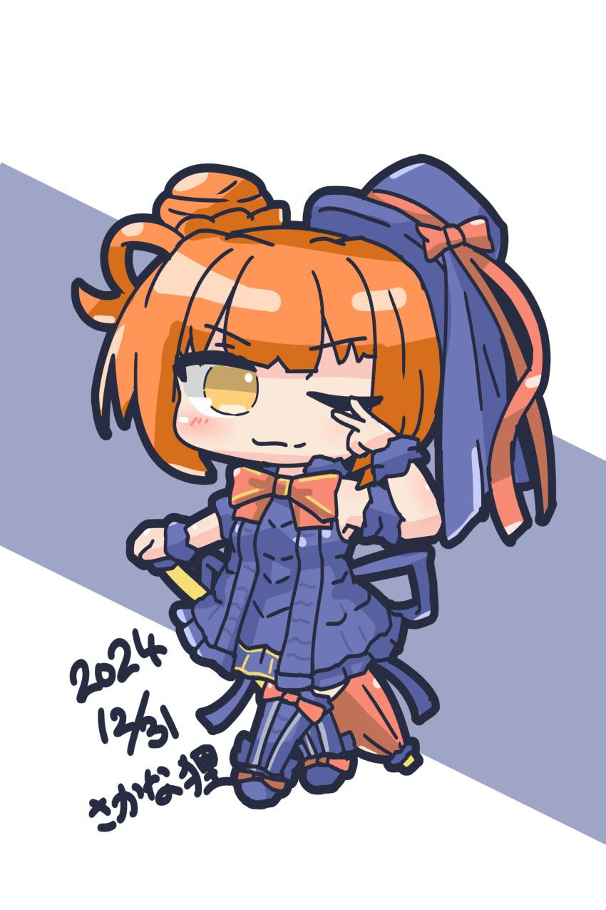 1girl, absurdres, armband, artist_name, black_armband, black_boots, black_dress, black_hat, black_thighhighs, boots, chibi, dated, dress, emil_chronicle_online, frilled_armband, frilled_dress, frills, hair_bun, hat, hat_ribbon, highres, holding, holding_umbrella, neck_ribbon, one_eye_closed, orange_hair, orange_ribbon, orange_umbrella, ribbon, sakana_tanuki, sleeveless, sleeveless_dress, solo, thigh-highs, umbrella, umbrella_alma, v, v_over_eye, yellow_eyes