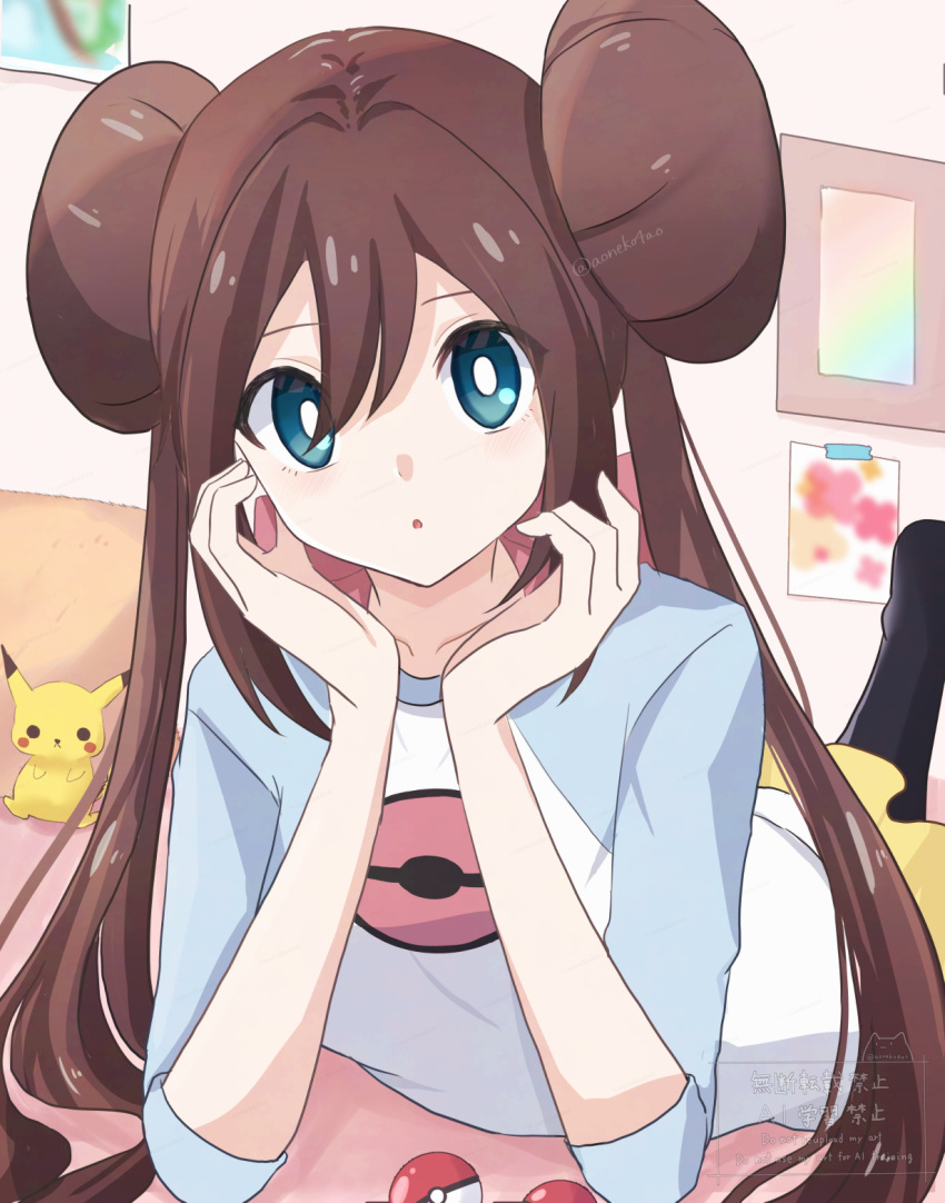 1girl, :o, aoneko4ao_(edwf7745), aqua_eyes, black_pantyhose, blue_shirt, bright_pupils, brown_hair